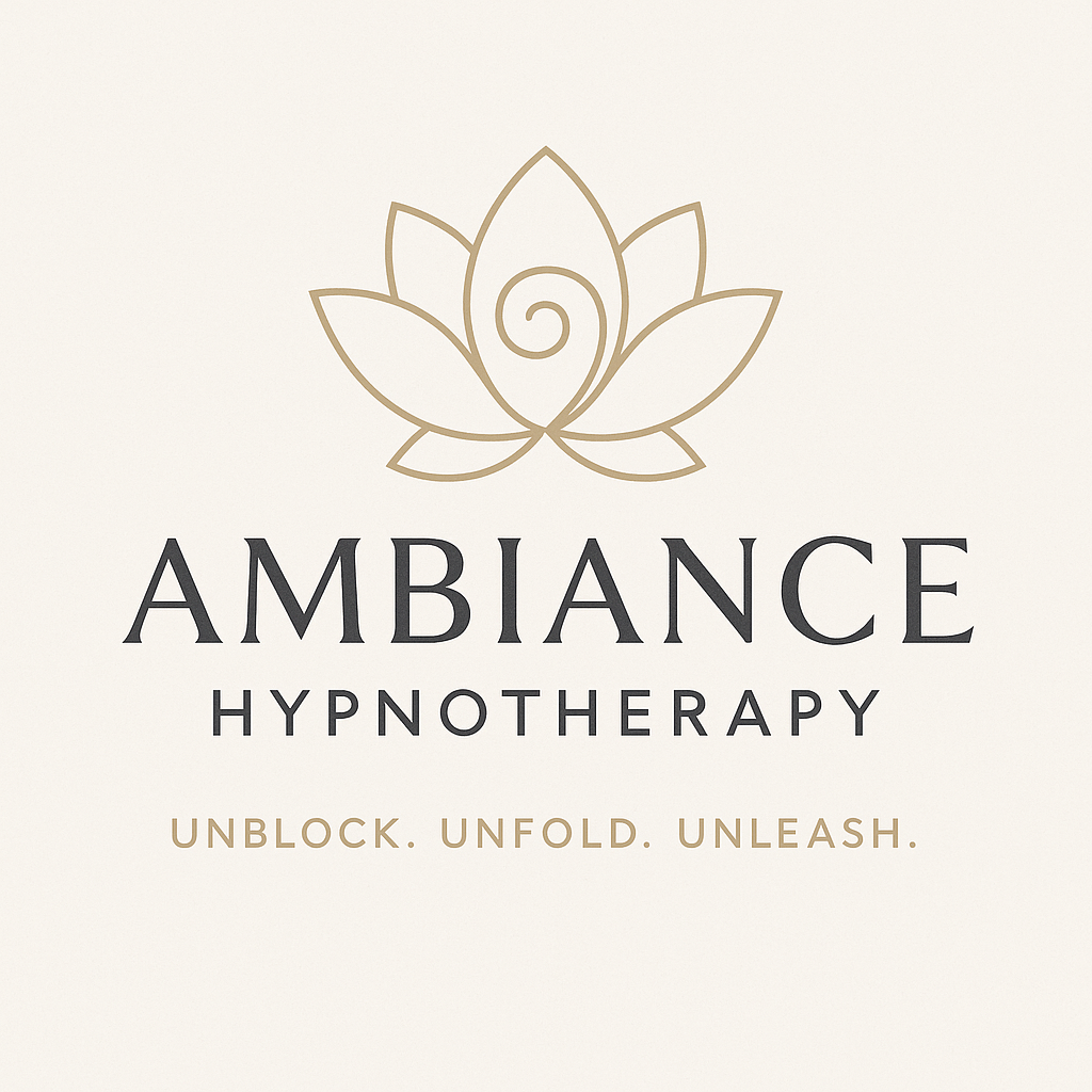 an image of a lotus flower on a beige background saying ambiance hypnotherapy